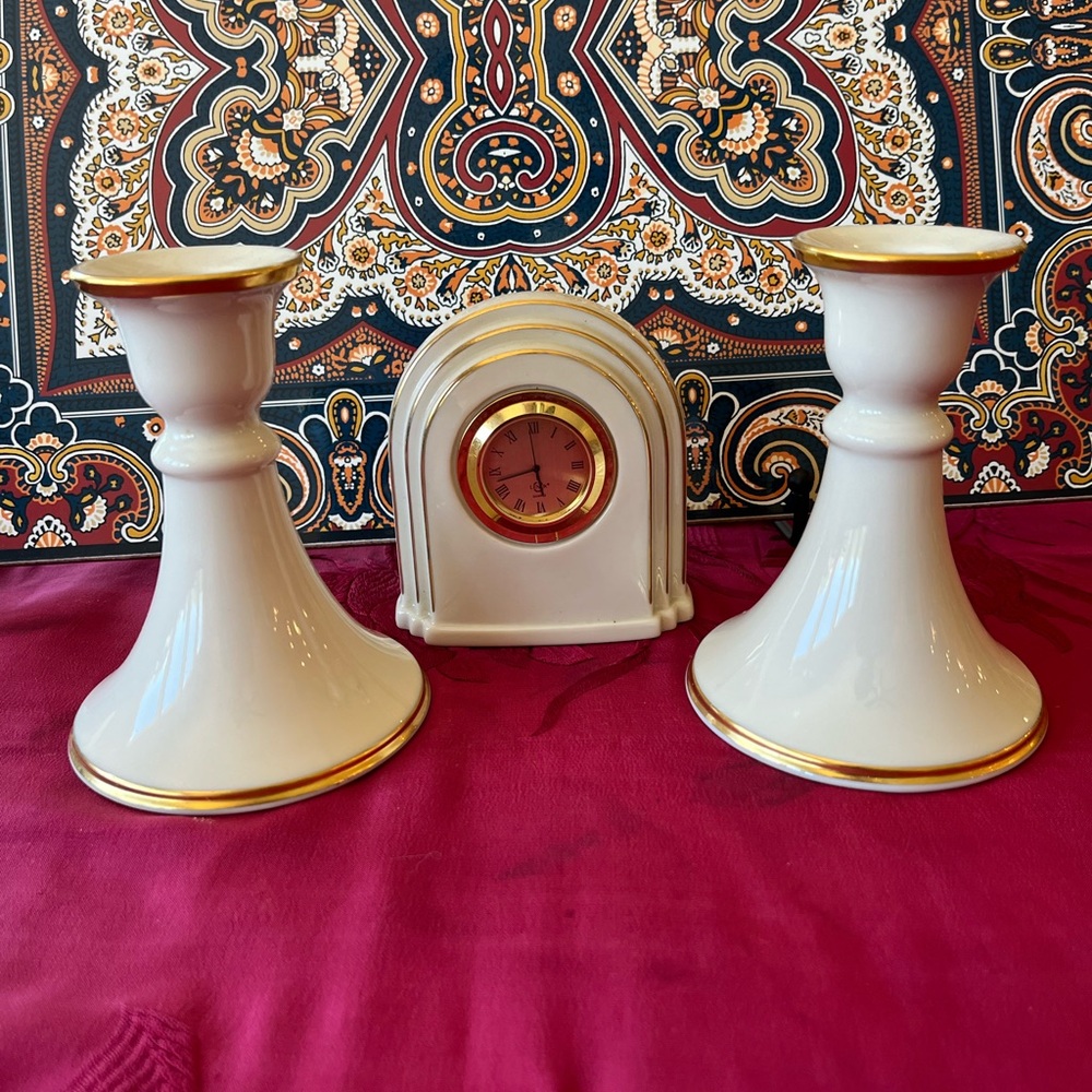 LENOX Luxurious Lenox Eternal Cream and Gold Candle Holders and Clock
